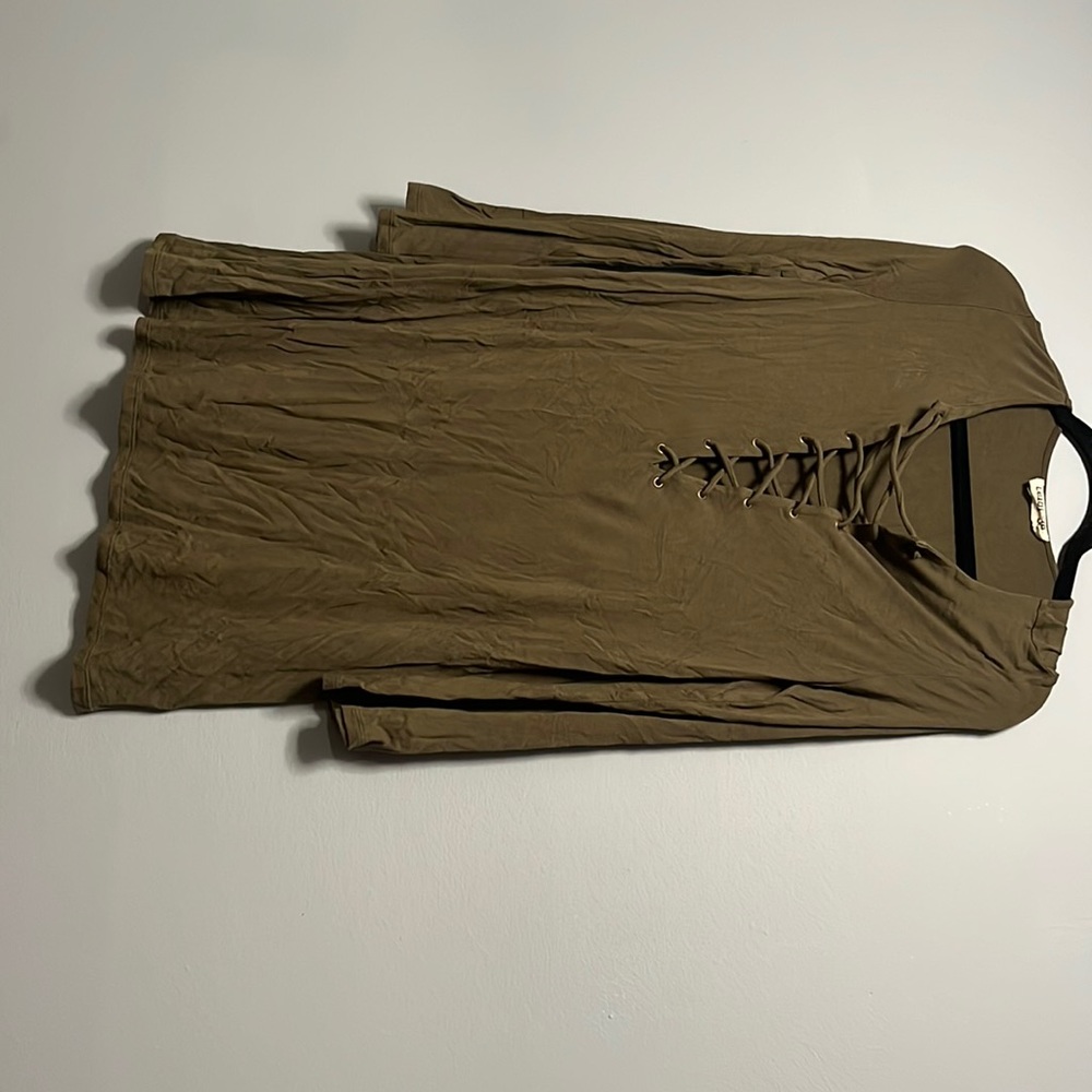Olive green long sleeve tie up boho dress